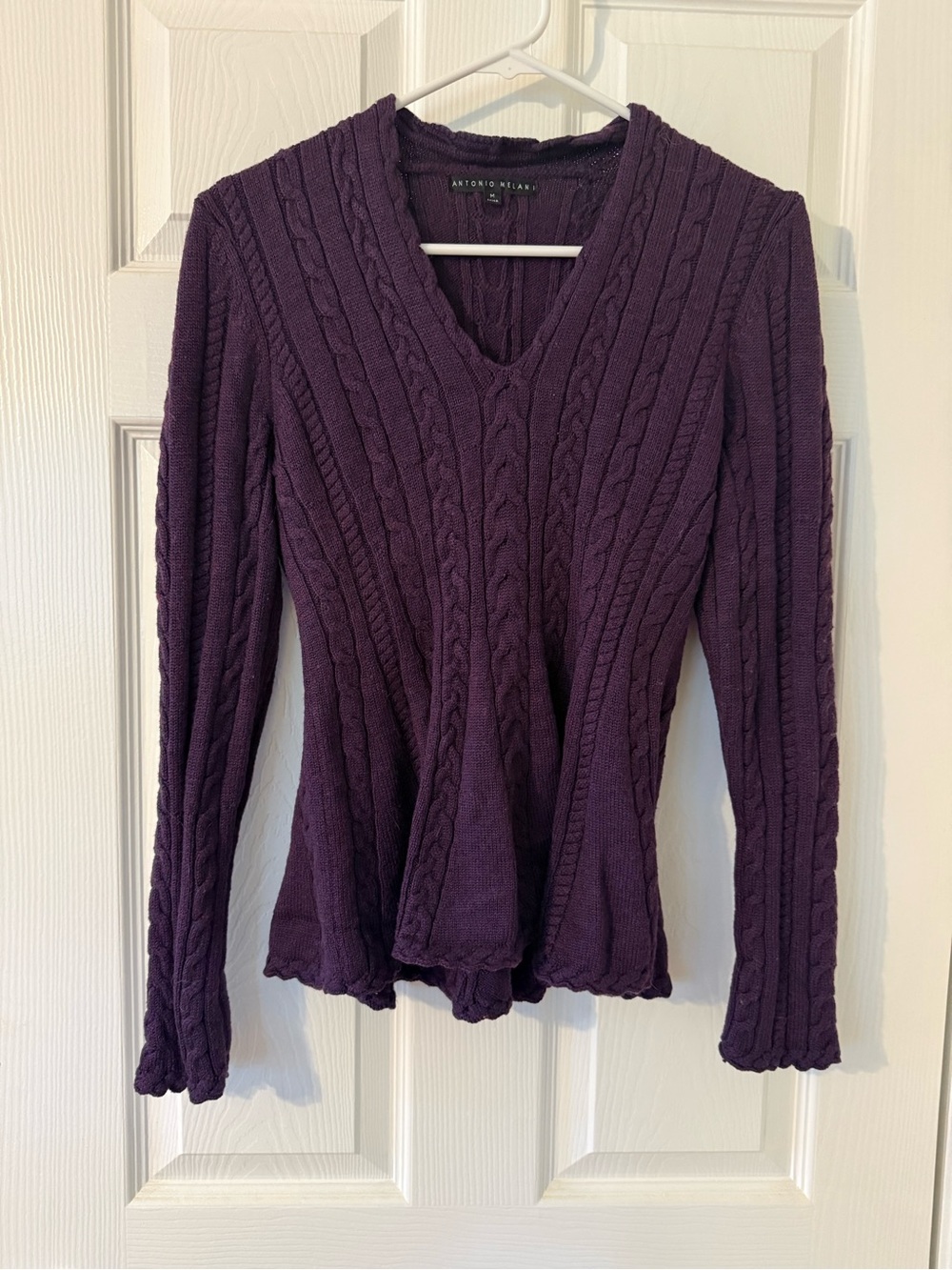 ANTONIO MELANI Deep Purple Cable-Knit V-Neck Sweater